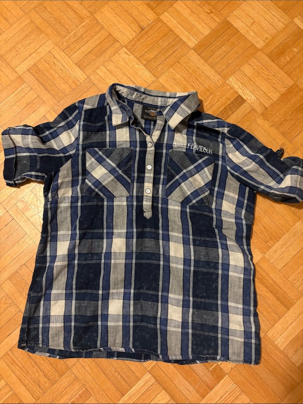 Harley-Davidson Navy and White Plaid Button-Front  Shirt
